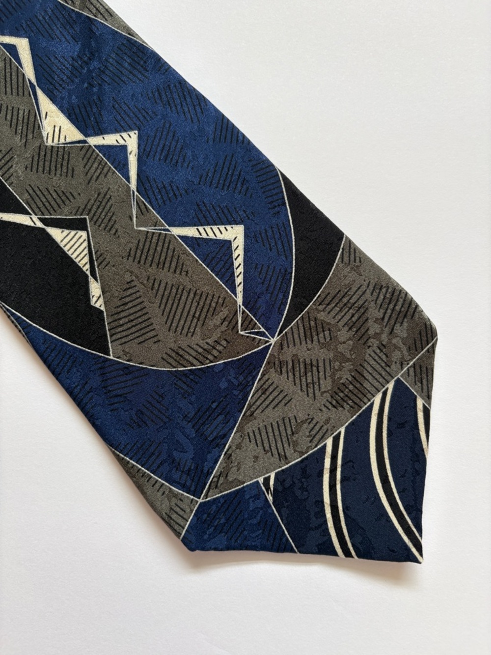 Adolfo Silk Tie 4" Wide Blue Gray Black Geometric Abstract Vintage Power Tie
